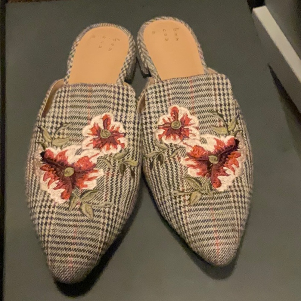 a new day Black and Cream Mules with floral embroidery